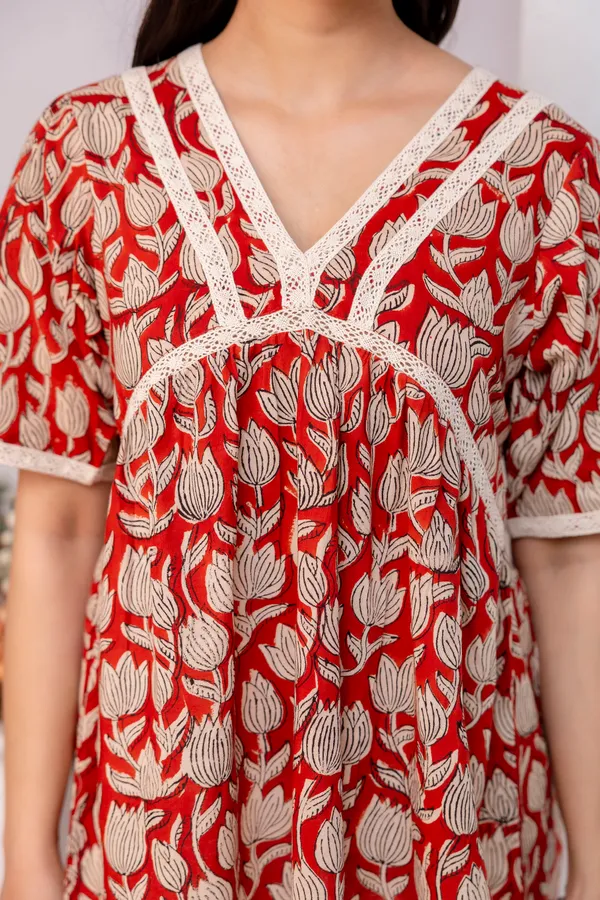 Red_Lotus_Floral_Print_V_Neck_3/4_Sleeves_Top_For_Women_&_Girls
