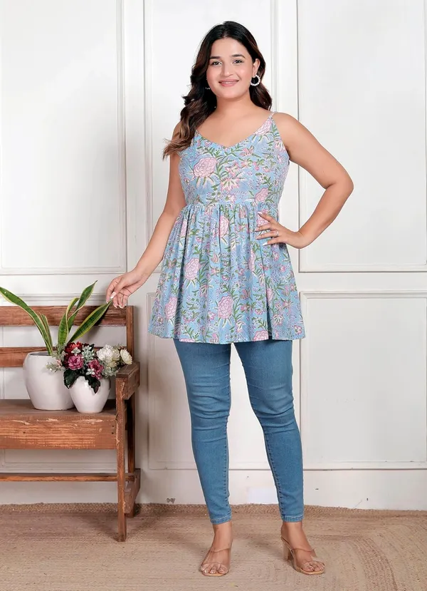 Sky_Blue_Sleeveless_Floral_Printed_Western_Top_For_Girls_&_Women