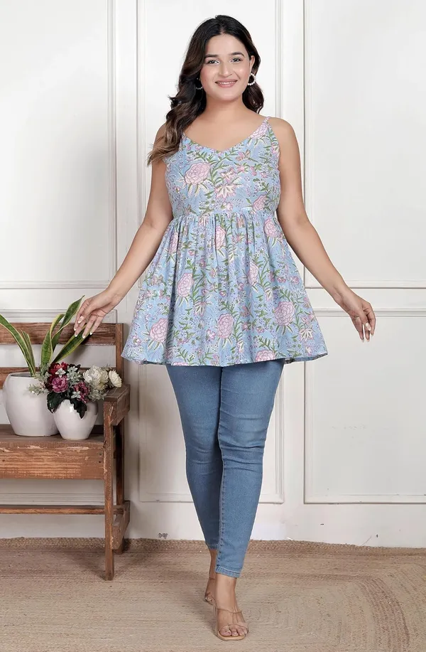 Sky_Blue_Sleeveless_Floral_Printed_Western_Top_For_Girls_&_Women