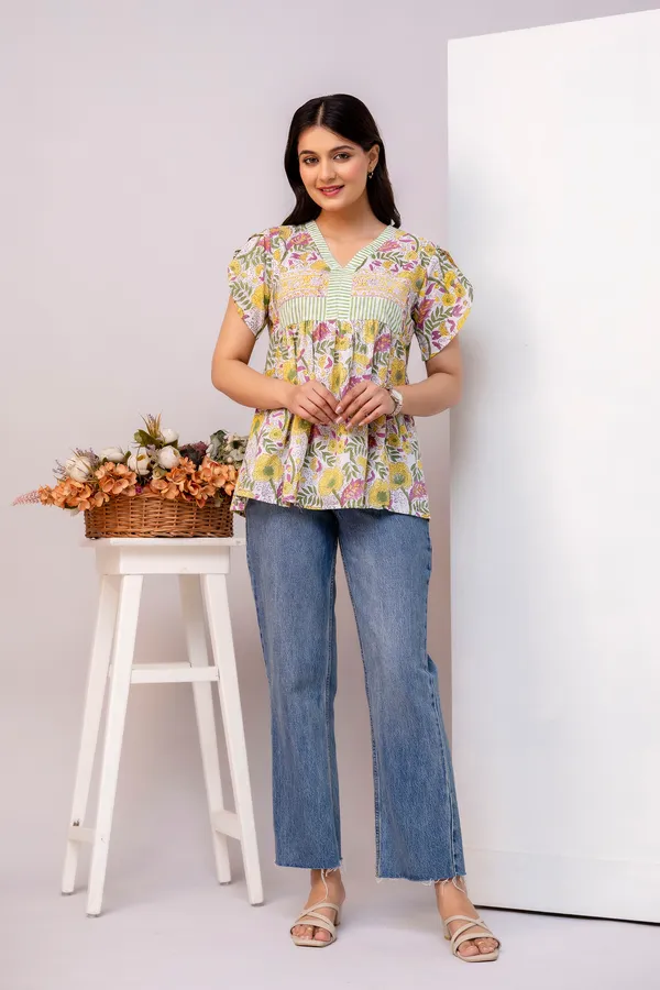 Yellow_Floral_Print_V_Neck_Short_Sleeves_Top_For_Women_&_Girls