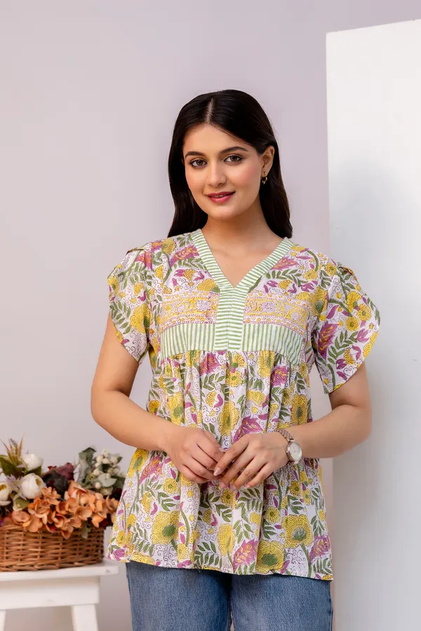 Yellow_Floral_Print_V_Neck_Short_Sleeves_Top_For_Women_&_Girls