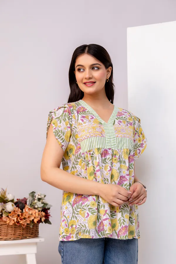 Yellow_Floral_Print_V_Neck_Short_Sleeves_Top_For_Women_&_Girls