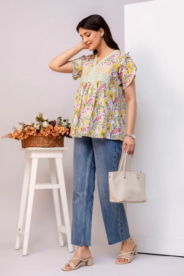 Yellow_Floral_Print_V_Neck_Short_Sleeves_Top_For_Women_&_Girls
