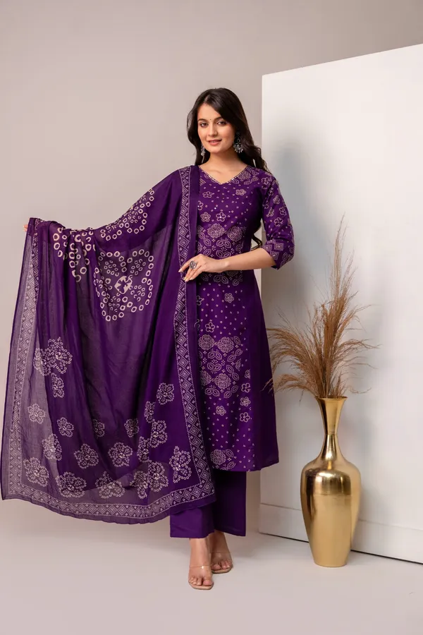 ANNA_MONNA_Ethnic_Bandhej_Printed_Cotton_V-Neck_Kurta_Trouser_Set_with_Mirror_Work_&_Dupatta