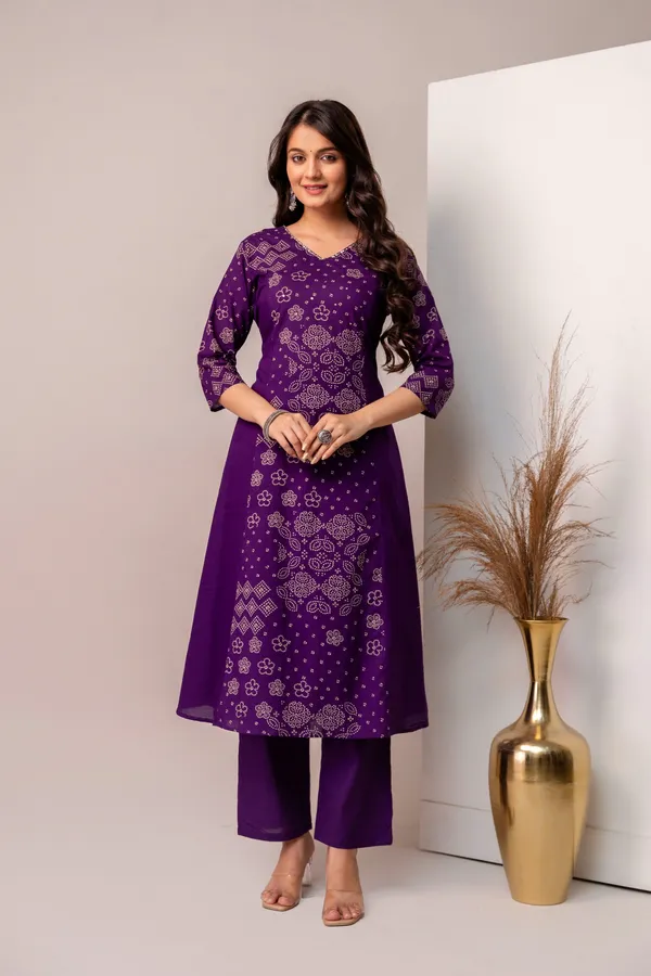 ANNA_MONNA_Ethnic_Bandhej_Printed_Cotton_V-Neck_Kurta_Trouser_Set_with_Mirror_Work_&_Dupatta