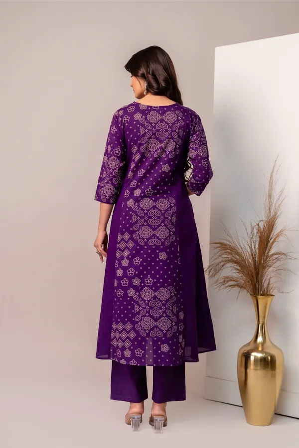 ANNA_MONNA_Ethnic_Bandhej_Printed_Cotton_V-Neck_Kurta_Trouser_Set_with_Mirror_Work_&_Dupatta