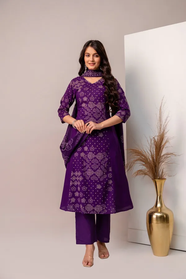 ANNA_MONNA_Ethnic_Bandhej_Printed_Cotton_V-Neck_Kurta_Trouser_Set_with_Mirror_Work_&_Dupatta