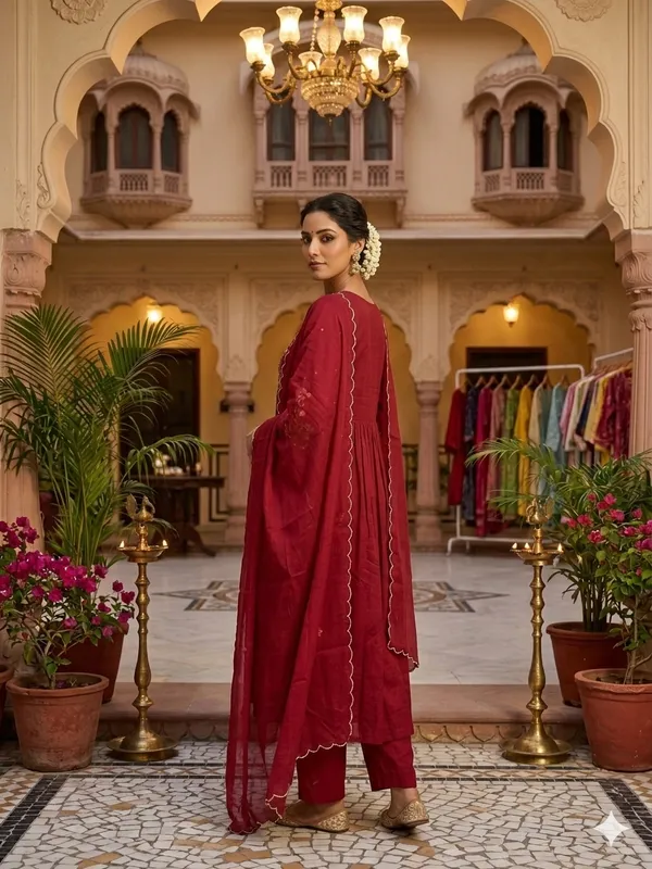 Women_Floral_Embroidered_Tiered_Thread_Work_Pure_Cotton_Kurta_with_Trousers_&_With_Dupatta