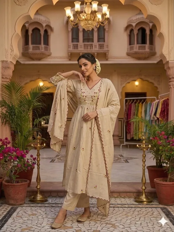 Women_Floral_Embroidered_Tiered_Thread_Work_Pure_Cotton_Kurta_with_Trousers_&_With_Dupatta