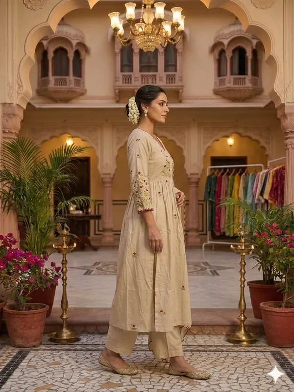 Women_Floral_Embroidered_Tiered_Thread_Work_Pure_Cotton_Kurta_with_Trousers_&_With_Dupatta