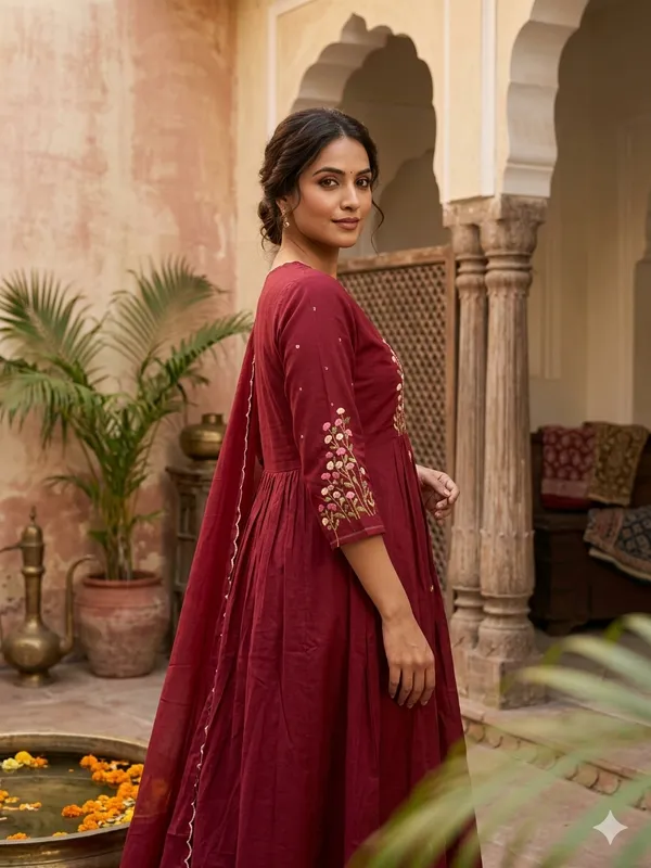 Women_Floral_Embroidered_Tiered_Thread_Work_Pure_Cotton_Kurta_with_Trousers_&_With_Dupatta