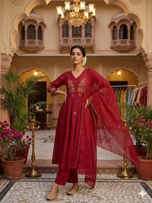 Women_Floral_Embroidered_Tiered_Thread_Work_Pure_Cotton_Kurta_with_Trousers_&_With_Dupatta