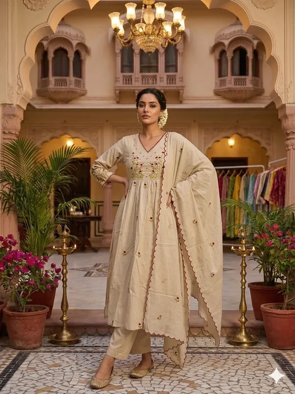 Women_Floral_Embroidered_Tiered_Thread_Work_Pure_Cotton_Kurta_with_Trousers_&_With_Dupatta