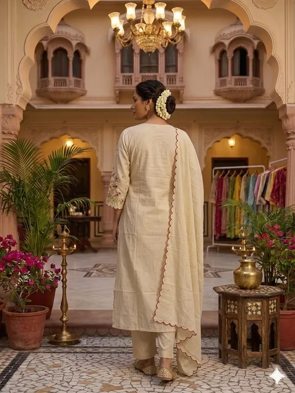 Women_Floral_Embroidered_Tiered_Thread_Work_Pure_Cotton_Kurta_with_Trousers_&_With_Dupatta