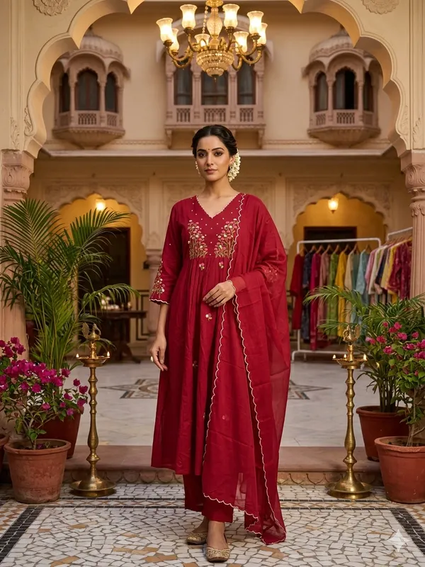 Women_Floral_Embroidered_Tiered_Thread_Work_Pure_Cotton_Kurta_with_Trousers_&_With_Dupatta