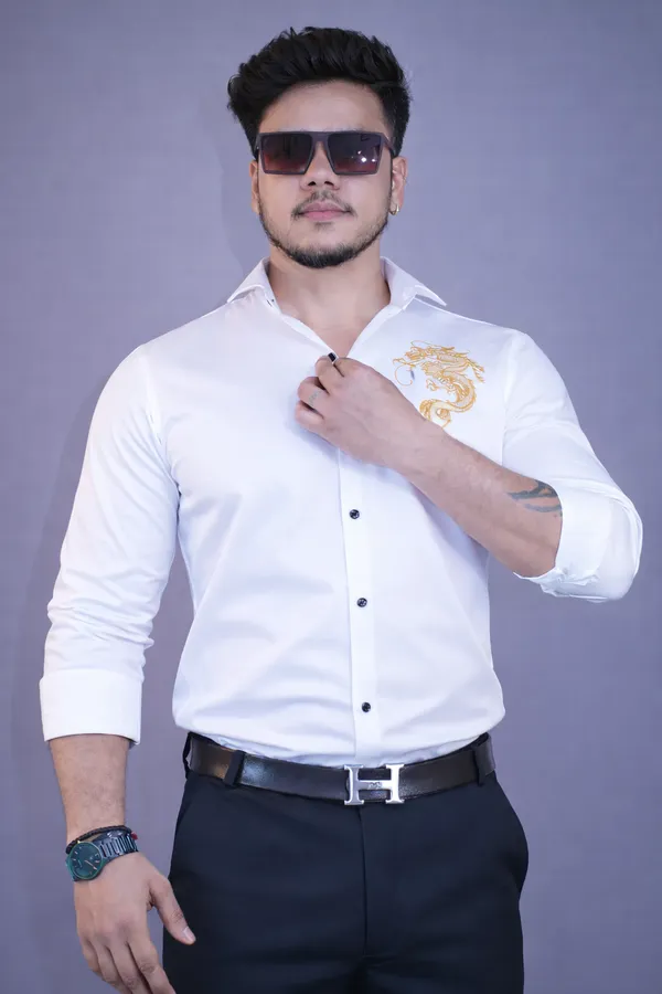 White_Alabaster_Party_Wear_Dragon_Shirt_For_Men