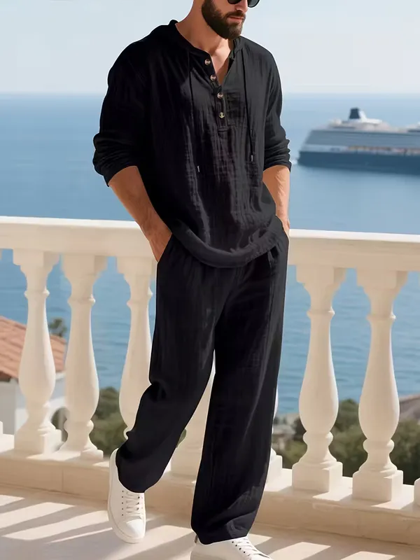 Acorn_Black_Hooded_Men's_Korean_Cotton_Blend_Suit,_Comfortable/Breathable_Fabric,Stylish_&_Relaxed_Fit,_Perfect_for_Mature_Men_Luxury