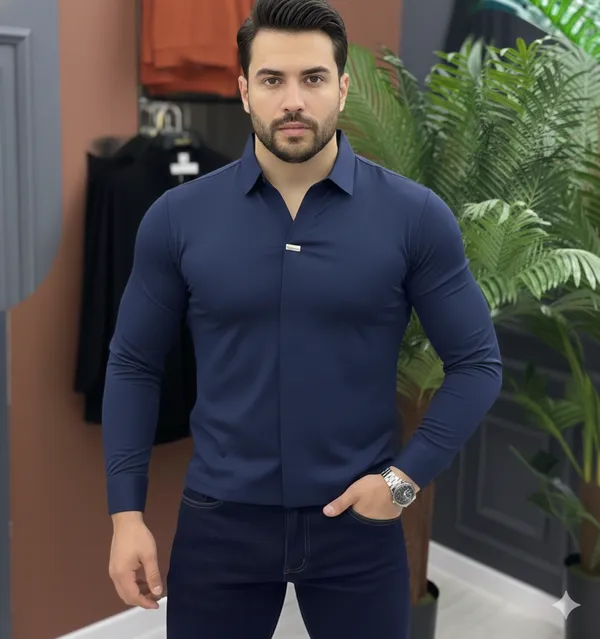 Acorn_Navy_Premium_Men's_Slim_Korean_Fit_Stretch_Hybrid_Shirt