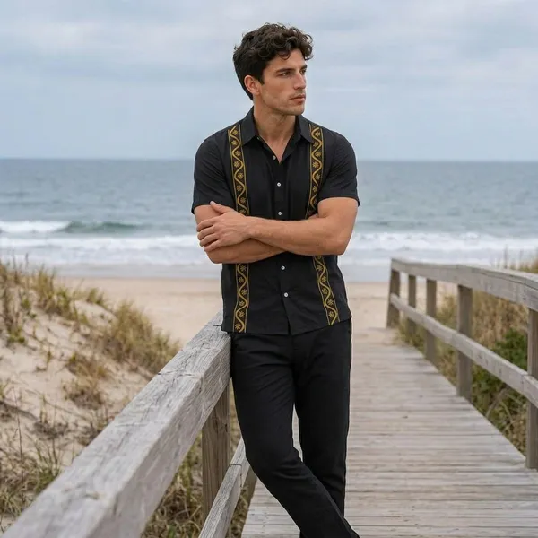 Acorn_Korean-Fit_Black_Men's_Breathable_Shirt_&_Pants_Set