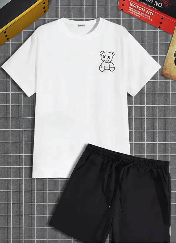 Acorn_Black_&_White_Korean_Streetwear_Teddy_Graphic_Unisex_Co-Ord_Set_(T-Shirt_&_Shorts)