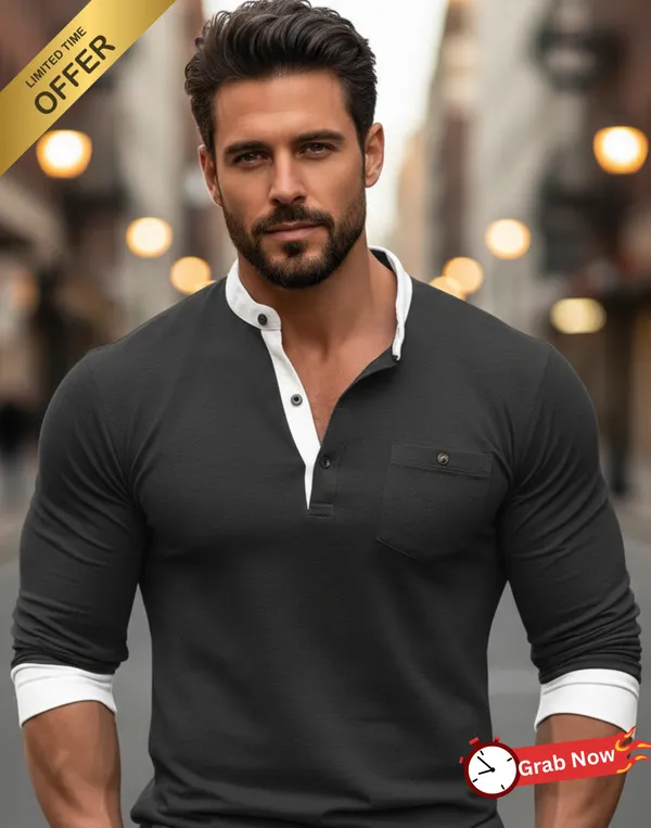 Acorn_Black_Men's_Korean_Long_Sleeved_Round_Neck_T-shirt