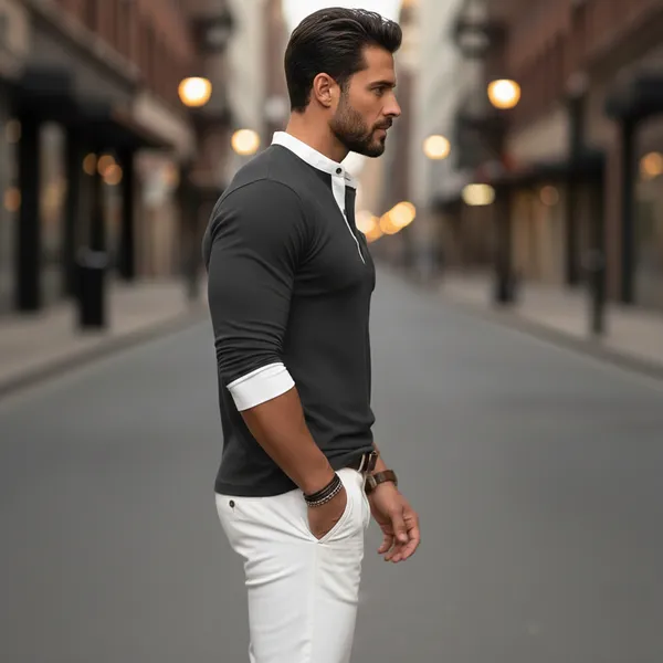 Acorn_Black_Men's_Korean_Long_Sleeved_Round_Neck_T-shirt