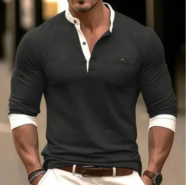 Acorn_Black_Men's_Korean_Long_Sleeved_Round_Neck_T-shirt