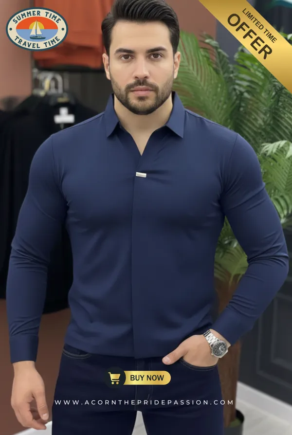 Acorn_Navy_Premium_Men's_Slim_Korean_Fit_Stretch_Hybrid_Shirt