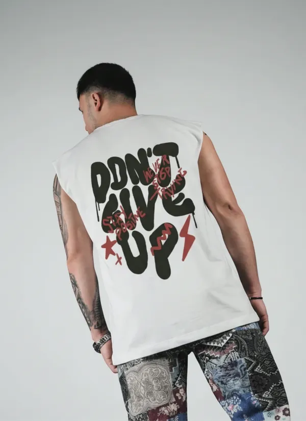 White_Dont_Give_Up_Graphic_Sleeveless_Unisex_Tee