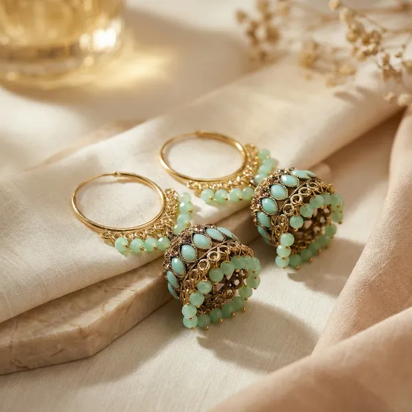 Yellow_&_Green_Brass_Jhumka_For_Women