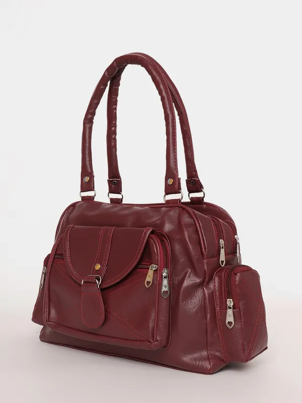 Maroon_Stylish_Handbag__Premium_Leather_Shoulder_Bag_With_Multiple_Compartments