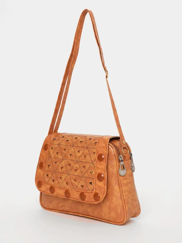 Tan_Textured_Sling_Bag_With_Cutwork_Design