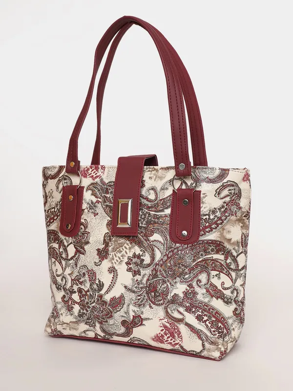 Printed_Handbag_Maroon_Handle_Tote_With_Paisley_Pattern,_Spacious_Shoulder_Bag_For_Office,_Shopping_&_Travel