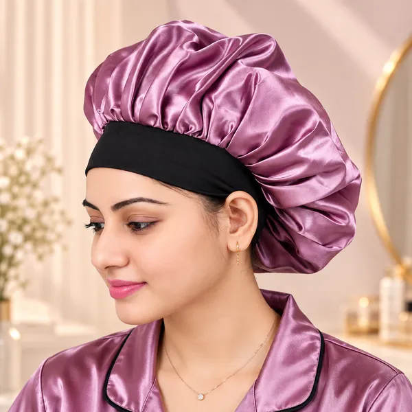 Metallic_Purple_Satin_Silk_Double_Layer_Wide_Elastic_Hair_Bonnet/Sleeping_Cap_For_Women_(Pack_of_1)
