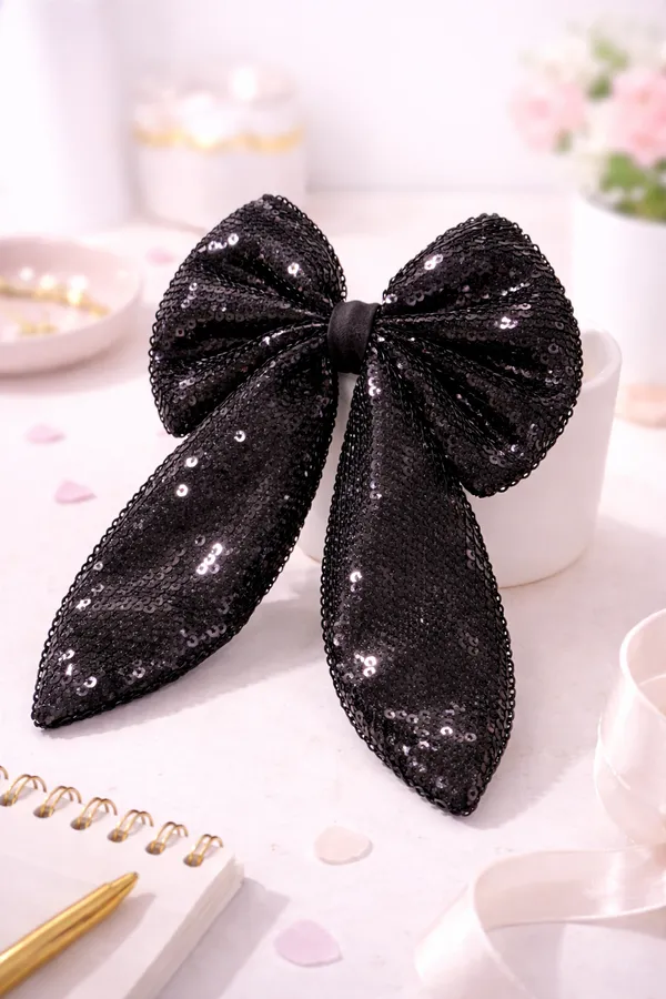 Black_Shiny_Sparkly_Sequence_Hair_Bow_Clip_For_Parties_&_Function