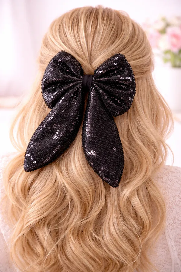 Black_Shiny_Sparkly_Sequence_Hair_Bow_Clip_For_Parties_&_Function