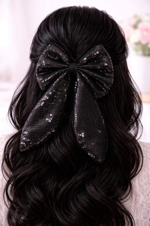 Black_Shiny_Sparkly_Sequence_Hair_Bow_Clip_For_Parties_&_Function
