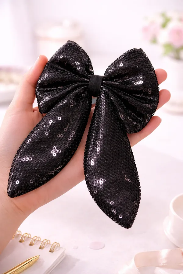 Black_Shiny_Sparkly_Sequence_Hair_Bow_Clip_For_Parties_&_Function