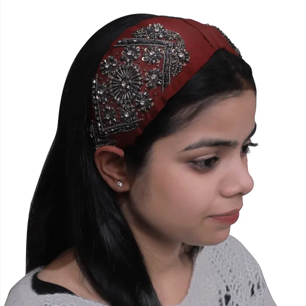 Maroon_Crystal_&_Beaded_Embroidery_Hair_band_For_Girls