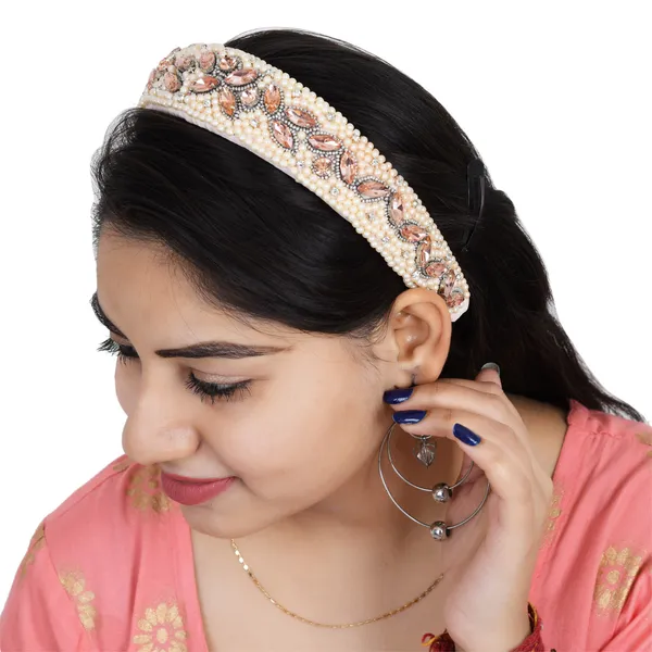 Peach_Fancy_Rhinestones_&_Beads_Sleek_Embroidery_Hair_Band_For_Women_(Pack_of_1)