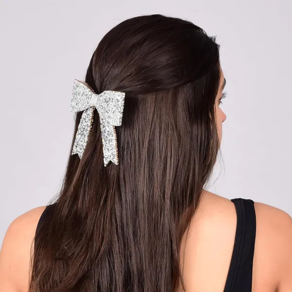 Silver_Sprinkled_Stone_Bow_Hair_Clip_For_Women_&_Girls___Silver_(Pack_of_1)