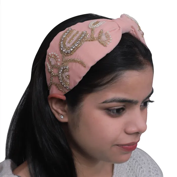 Premium_Peach_Beads_&_Rhinestone_Embroidery_Hair_Band_For_Girls_&_Women