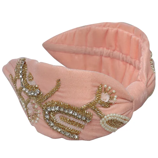 Premium_Peach_Beads_&_Rhinestone_Embroidery_Hair_Band_For_Girls_&_Women