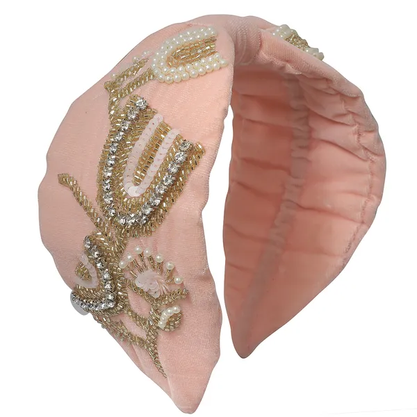 Premium_Peach_Beads_&_Rhinestone_Embroidery_Hair_Band_For_Girls_&_Women