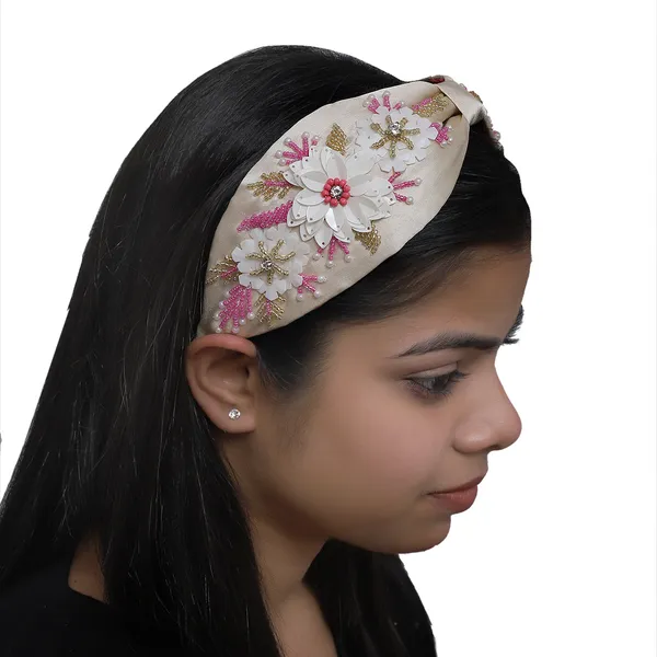 Premium_Rhinestone_Flower_Beigh_Hair_Band_For_Girls