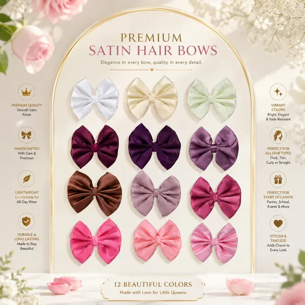 Premium_Satin_Silk_Plain_hair_Bow_clip_For_Girls_&_women_Set_of_12_Pcs