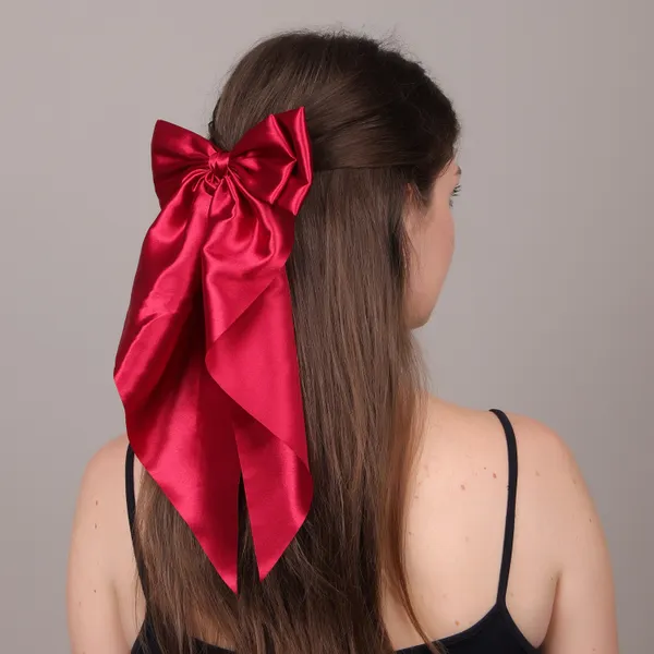 Red_Premium_Satin_Silk_Double_Bow_Scarf_Hair_Clip_For_Girls