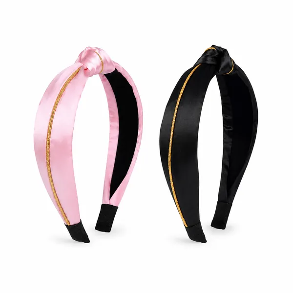 Shiny_Satin_Silk_Golden_Line_Twist_Turban_Hair_Band_For_Girls_&_Women__Pack_Of_2_Pcs_(Black_&_Pink)