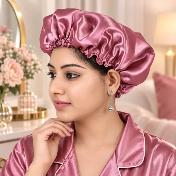 Onion_Pink_Satin_Silk_Double_Layer_Thin_Elastic_Hair_Bonnet/Sleeping_Cap_For_Women_(Pack_of_1)