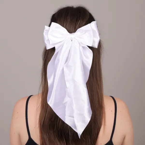 White_Premium_Satin_Silk_Double_Bow_Scarf_Hair_Clip_For_Girls